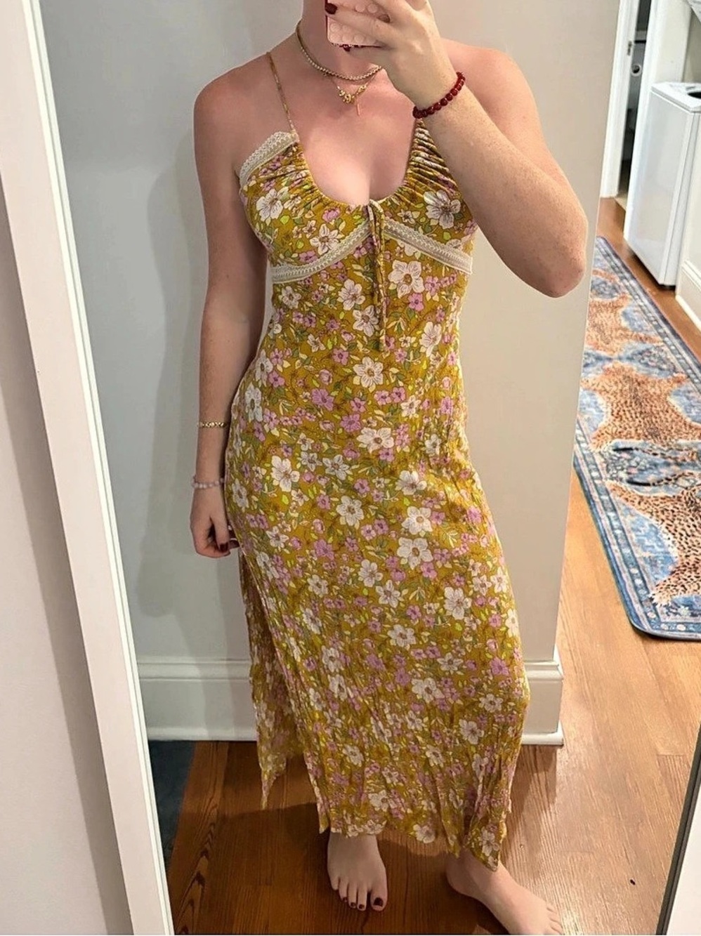 Free People Daisy Fields Maxi Slip Dress Floral Yellow & Pink